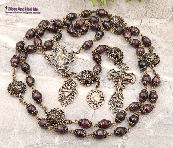 Miraculous Mary Lourdes Sacred Heart Holy Spirit Garnet Vintage Bronze Ornate Rosary