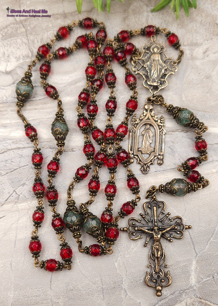 Miraculous Mary Assumption Cherry Red Baltic Amber Bronze Antique Style Rosary