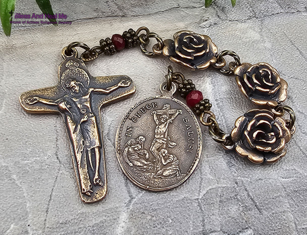 Seven Sorrows Mary at the Cross Roses 3 Beads Vintage Bronze Pocket Chaplet