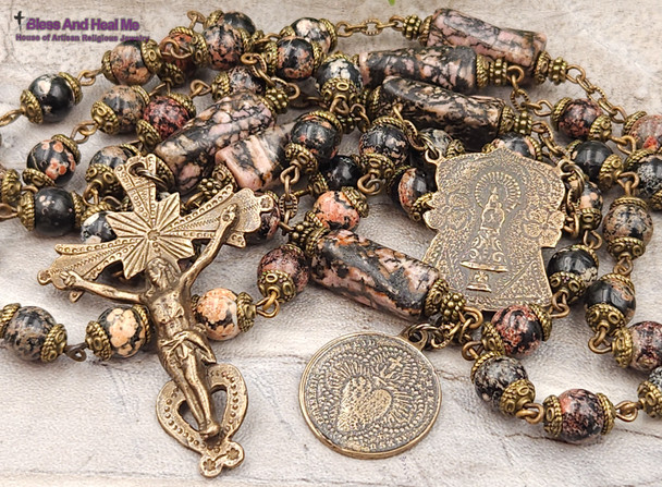 Lady of the Pillar Sacred Heart Jasper Rhodonite Vintage Bronze Rosary