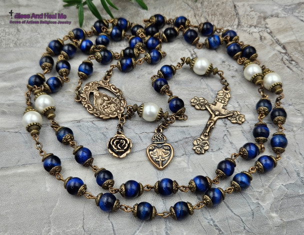 Mother Mary Tween Hearts Blue Tiger Eye Vintage Bronze Rosary