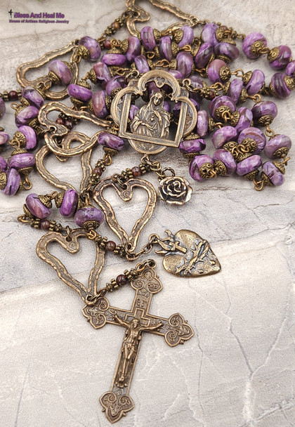 Immaculate Heart of Mary Open Heart Purple Charoite Vintage Bronze Rosary