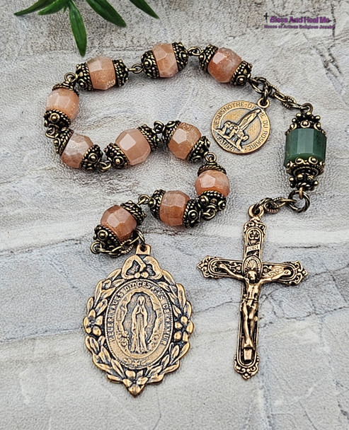 Lourdes Fatima Sunstone Jade Vintage Bronze Ornate Chaplet