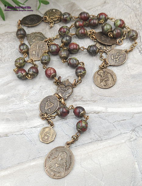 Five Wounds of Jesus Stigmata Saints Bloodstone Vintage Bronze Devotional Chaplet