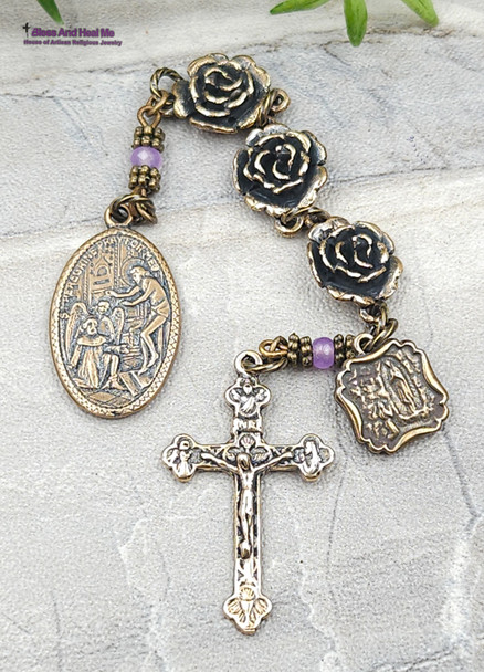 St Peregrine Lourdes Roses 3 Beads Vintage Bronze Pocket Chaplet