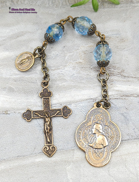 Joan of Arc Michael Blue Quartz 3 Beads Vintage Bronze Chaplet