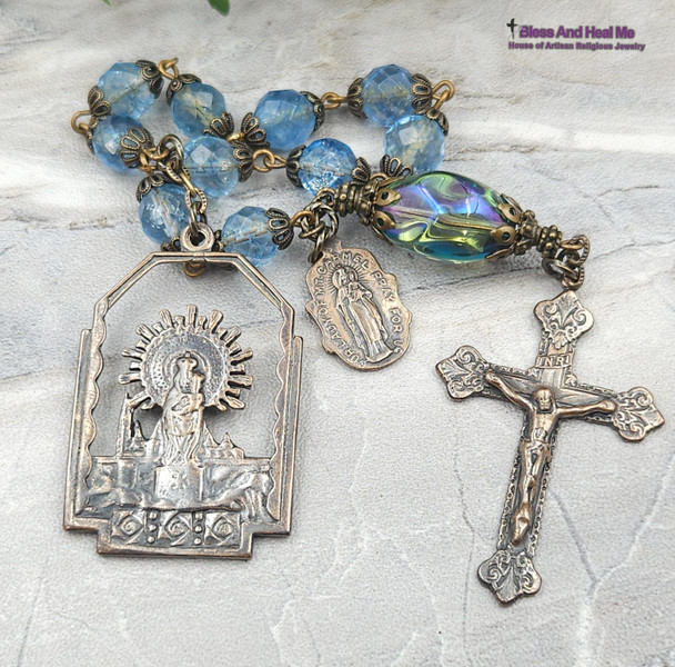 Lady of the Pillar Blue Quartz Vintage Bronze Ornate Chaplet