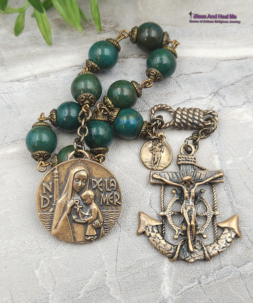 Stella Maris Anchor Crucifix Christopher Nautical Jasper Vintage Bronze Chaplet