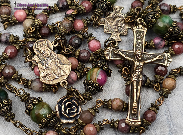 St Anne Anthony Rhodonite Ruby Fuchsite Vintage Bronze Ornate Rosary