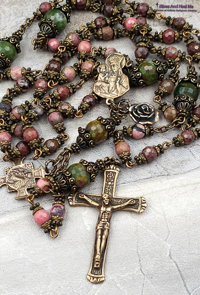 St Anne Anthony Rhodonite Ruby Fuchsite Vintage Bronze Ornate Rosary