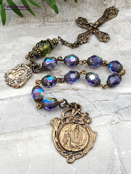 Lourdes Therese Purple Swarovski Crystal Green Amber Vintage Bronze Chaplet