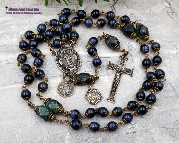 St Jude Raphael Lourdes Blue Tiger Eye Vintage Bronze Rosary