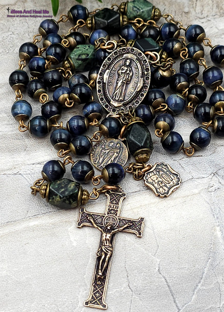 St Jude Raphael Lourdes Blue Tiger Eye Vintage Bronze Rosary