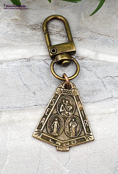 3 Way Medal St Christopher Jesus Mary Protection Vintage Bronze Key Chain