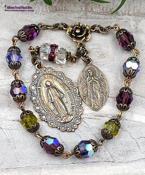 Miraculous Immaculate Mary Lourdes Purple Swarovski Crystal Vintage Bronze Chaplet