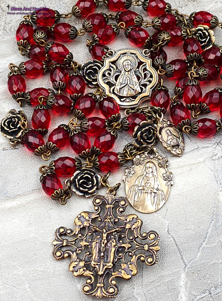 Lourdes Immaculate Sacred Hearts Red Baltic Amber Vintage Bronze Rosary