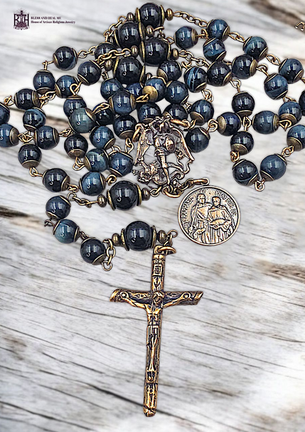 Archangel Michael & Raphael Heirloom Rosary | Heritage Bronze| Blue Tiger Eye