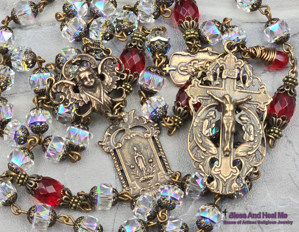 Lourdes Sacred Heart Angels Swarovski Crystal Red Amber Vintage Bronze Rosary