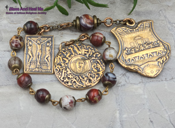 Stations of the Cross Sacraments Last Supper Red Agate Vintage Bronze Chaplet