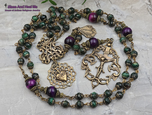 Ave Maria Sacred Heart Emerald Vintage Bronze Ornate Rosary