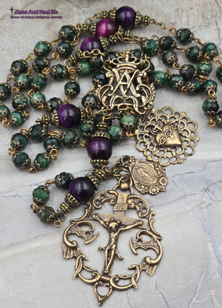 Ave Maria Sacred Heart Emerald Vintage Bronze Ornate Rosary