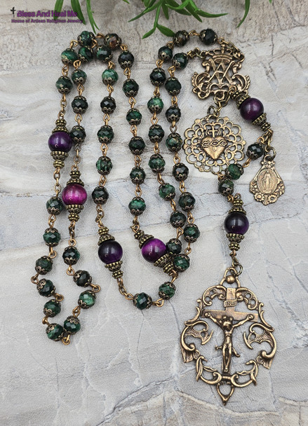 Ave Maria Sacred Heart Emerald Vintage Bronze Ornate Rosary