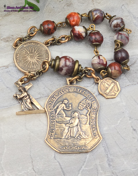 Holy Face Passion of Jesus Gethsemane Sacraments Red Agate Vintage Bronze Chaplet