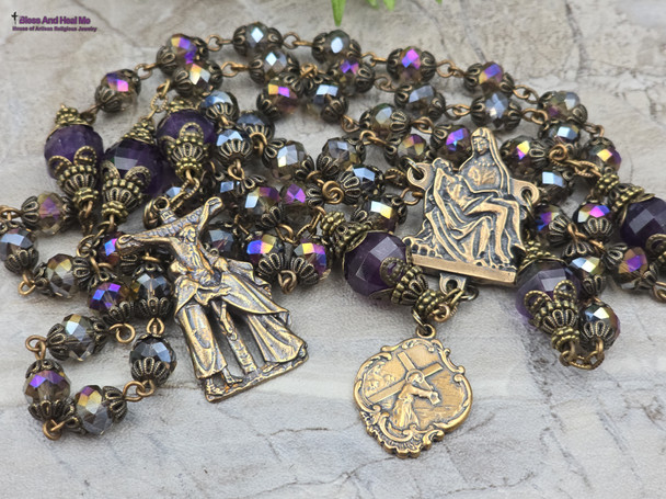 Pieta Jesus Carrying the Cross Purple Glass Vintage Bronze Rosary