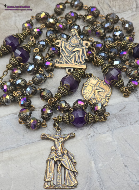 Pieta Jesus Carrying the Cross Purple Glass Vintage Bronze Rosary