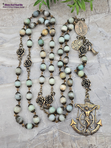 Stella Maris Anchor Nautical Shell Amazonite Vintage Bronze Rosary