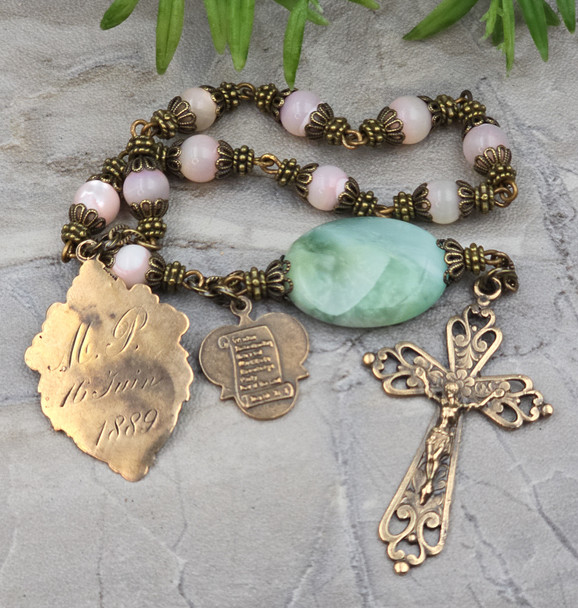 First Communion Pink Shell Green Moonstone Vintage Bronze Chaplet