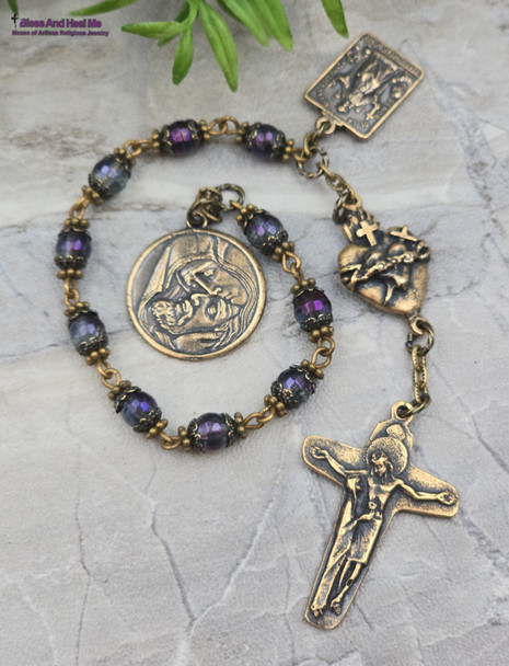 Sorrowful Mother Pieta Purple Glass Vintage Bronze Chaplet