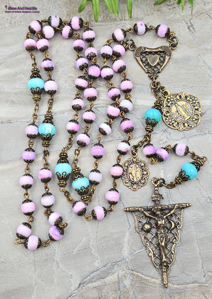 Miraculous Mary Lourdes Sun Moon Pink Blue Opal Vintage Bronze Ornate Rosary