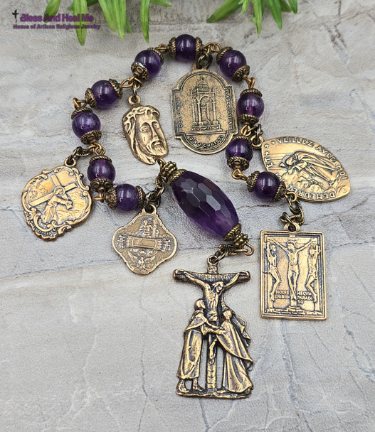 Sorrowful Mysteries Jesus Passion Crucifixion Amethyst Vintage Bronze Chaplet