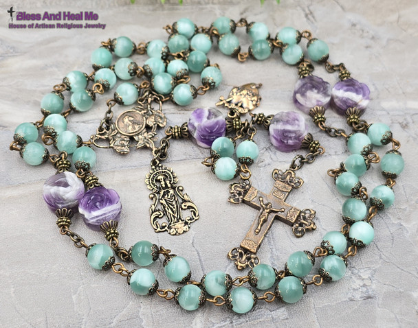 Virgin Crowned Mother Mary Lilies Green Moonstone Vintage Bronze Rosary