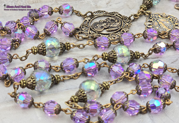 Crowned Mother Lourdes Miraculous Mary Amethyst Swarovski Crystal Vintage Bronze Rosary