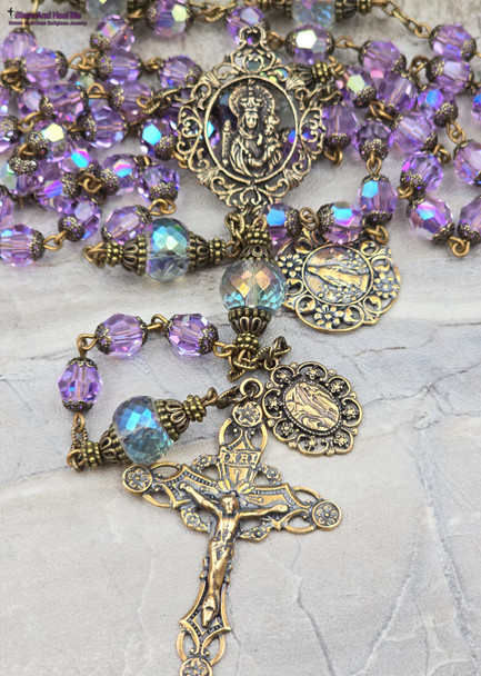 Crowned Mother Lourdes Miraculous Mary Amethyst Swarovski Crystal Vintage Bronze Rosary