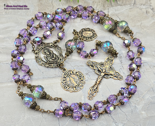 Crowned Mother Lourdes Miraculous Mary Amethyst Swarovski Crystal Vintage Bronze Rosary