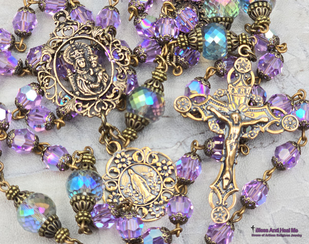 Crowned Mother Lourdes Miraculous Mary Amethyst Swarovski Crystal Vintage Bronze Rosary