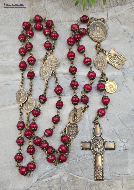 Seven Sorrows Seven Dolores Pieta Red Jade Vintage Bronze Chaplet