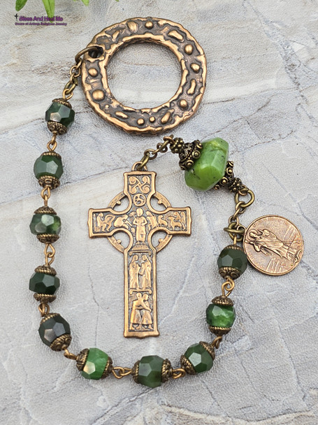 St Patrick Penal Celtic Green Jade Vintage Bronze Chaplet
