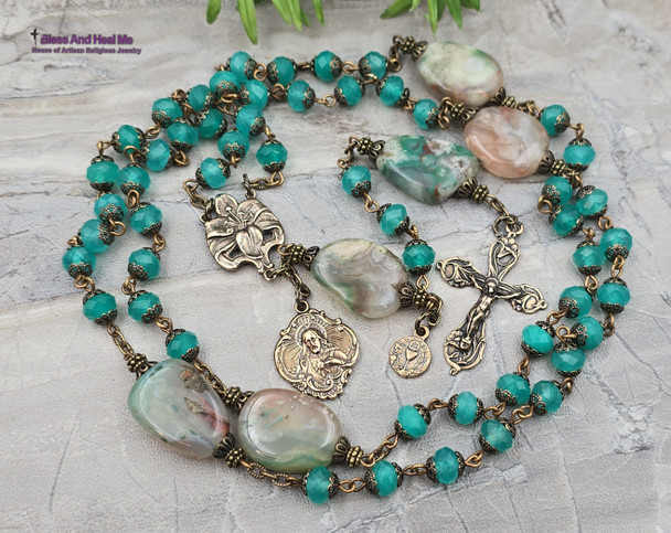 Sacred Heart of Jesus St Therese Lilies Green Chalcedony Flower Agate Vintage Bronze Rosary