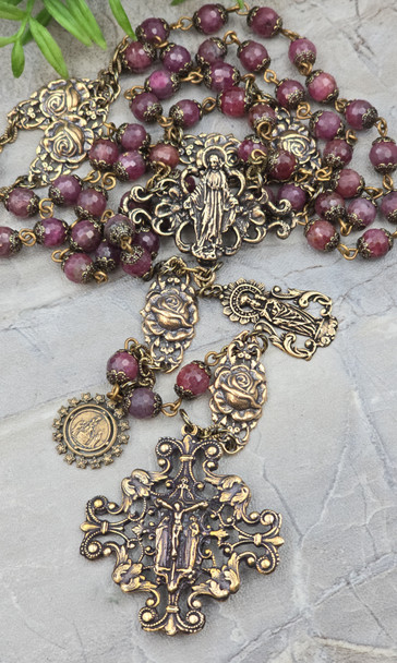 Miraculous Mary Lady of the Pillar Roses Pink Ruby Vintage Bronze Rosary