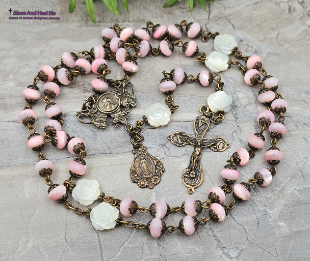 Virgin Miraculous Mary Lilies Roses Pink Mother of Pearl Vintage Bronze Rosary