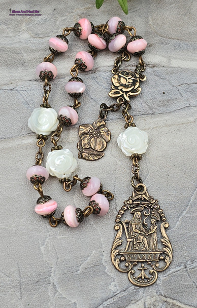 St Anne Anthony Roses Pink Mother of Pearl Vintage Bronze Chaplet