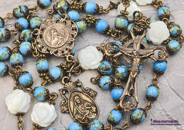 St Therese Jesus Roses Mother of Pearl Turquoise Vintage Bronze Rosary