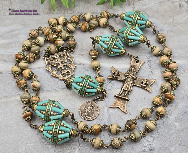 Joan of Arc Michael Fleur de Lise Jasper Turquoise Vintage Bronze Rosary