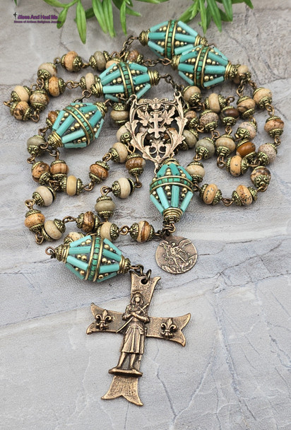 Joan of Arc Michael Fleur de Lise Jasper Turquoise Vintage Bronze Rosary
