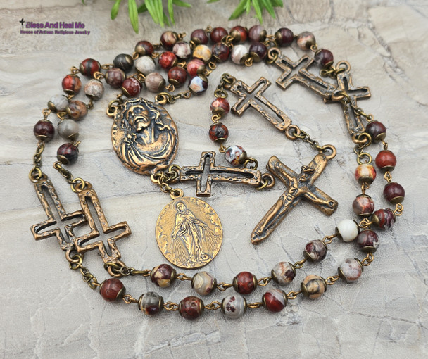 Face of Jesus Miraculous Mary Red Agate Vintage Bronze mens Rosary
