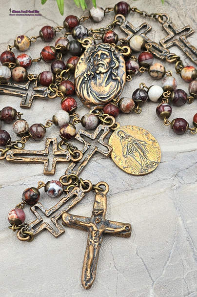 Face of Jesus Miraculous Mary Red Agate Vintage Bronze mens Rosary